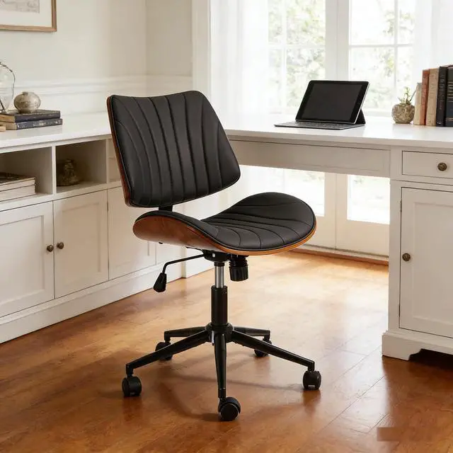 Alt view image 4 of 7 - Armless Office Desk Chair,Wooden Back Small Office Desk Chair No Arms Adjustable Height Modern Armless Chairs with Swivel Wheels for Small Spaces, Black