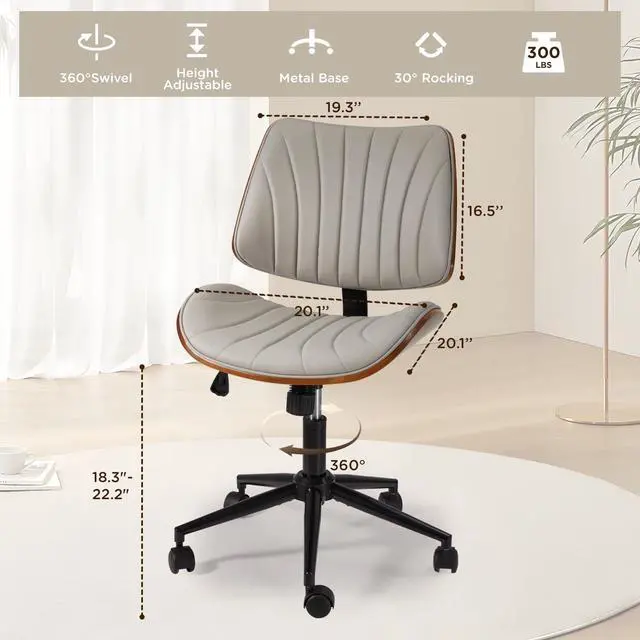 Alt view image 2 of 7 - Armless Office Desk Chair,Wooden Back Small Office Desk Chair No Arms Adjustable Height Modern Armless Chairs with Swivel Wheels for Small Spaces, Grey