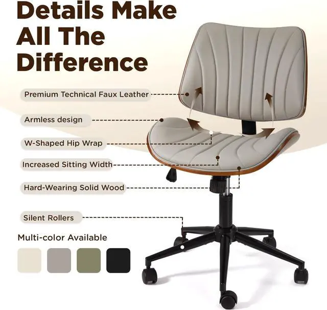 Alt view image 4 of 7 - Armless Office Desk Chair,Wooden Back Small Office Desk Chair No Arms Adjustable Height Modern Armless Chairs with Swivel Wheels for Small Spaces, Grey