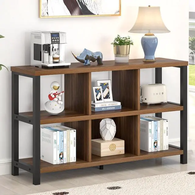 Main image of 6 Cube Storage Organizer Bookshelf, Industrial Horizontal Low Cubby Bookcase for Living Room Bedroom (Rustic Walnut, 47 Inch)