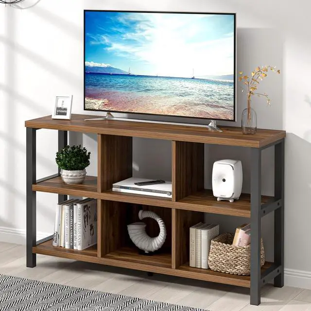 Alt view image 3 of 7 - 6 Cube Storage Organizer Bookshelf, Industrial Horizontal Low Cubby Bookcase for Living Room Bedroom (Rustic Walnut, 47 Inch)