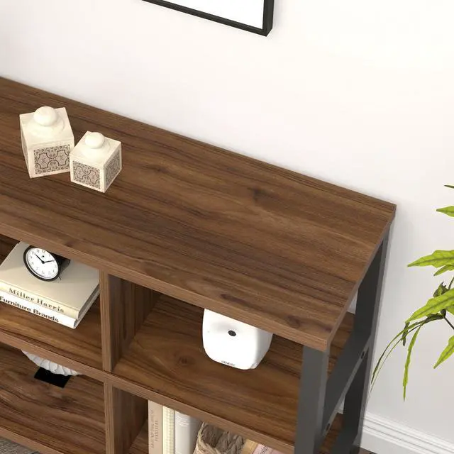 Alt view image 4 of 7 - 6 Cube Storage Organizer Bookshelf, Industrial Horizontal Low Cubby Bookcase for Living Room Bedroom (Rustic Walnut, 47 Inch)
