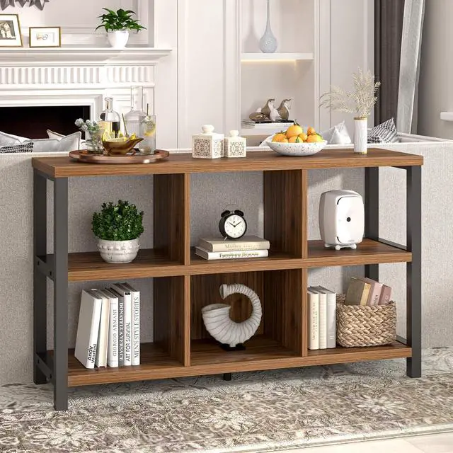 Alt view image 5 of 7 - 6 Cube Storage Organizer Bookshelf, Industrial Horizontal Low Cubby Bookcase for Living Room Bedroom (Rustic Walnut, 47 Inch)