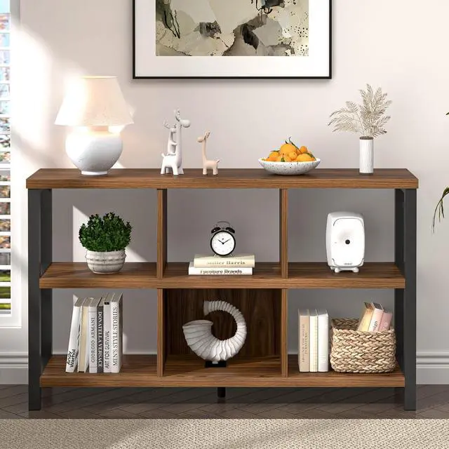 Alt view image 7 of 7 - 6 Cube Storage Organizer Bookshelf, Industrial Horizontal Low Cubby Bookcase for Living Room Bedroom (Rustic Walnut, 47 Inch)