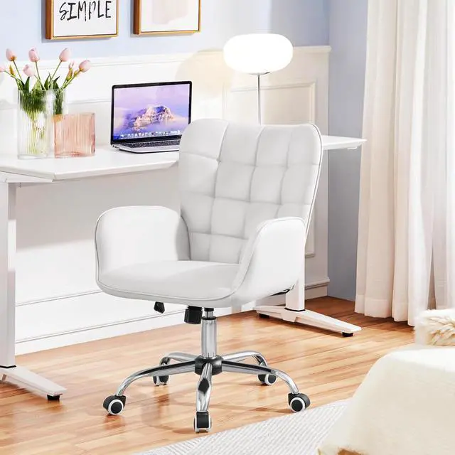Alt view image 2 of 7 - Modern Faux Leather Office Chair Ergonomic Adjustable Makeup Chair with Padded Armrests Big Seat for Office, Bedroom, Living Room, White