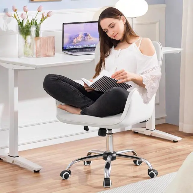 Alt view image 6 of 7 - Modern Faux Leather Office Chair Ergonomic Adjustable Makeup Chair with Padded Armrests Big Seat for Office, Bedroom, Living Room, White