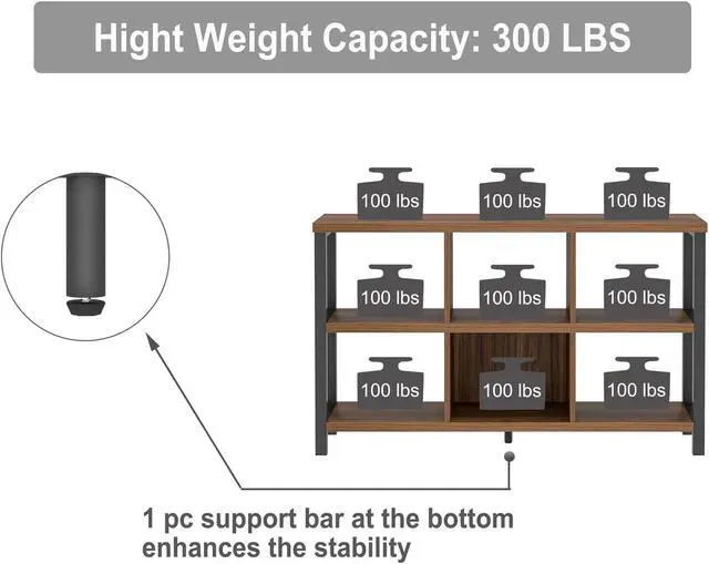 Alt view image 6 of 7 - 6 Cube Storage Organizer Bookshelf, Industrial Horizontal Low Cubby Bookcase for Living Room Bedroom (Rustic Walnut, 47 Inch)