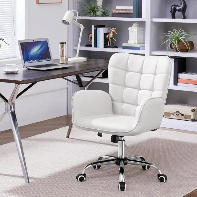 Alt view image 4 of 7 - Modern Faux Leather Office Chair Ergonomic Adjustable Makeup Chair with Padded Armrests Big Seat for Office, Bedroom, Living Room, White