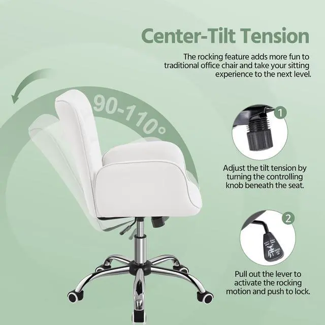 Alt view image 7 of 7 - Modern Faux Leather Office Chair Ergonomic Adjustable Makeup Chair with Padded Armrests Big Seat for Office, Bedroom, Living Room, White