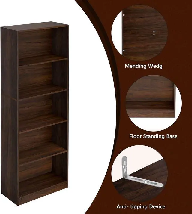 Alt view image 4 of 7 - 71" inch Tall 5-Tier Book Shelf,Large Freestanding Bookshelf for Home Office and Professional Workspace,Living Room,Bedroom and Dining Room,Walnut (5-Tier,Dark Walnut,Side-Panel Separated)