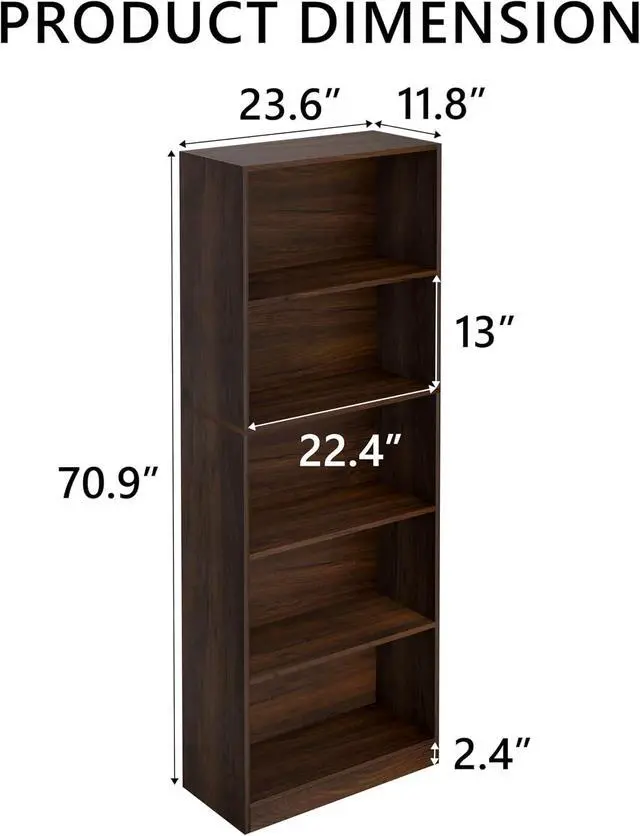 Alt view image 3 of 7 - 71" inch Tall 5-Tier Book Shelf,Large Freestanding Bookshelf for Home Office and Professional Workspace,Living Room,Bedroom and Dining Room,Walnut (5-Tier,Dark Walnut,Side-Panel Separated)