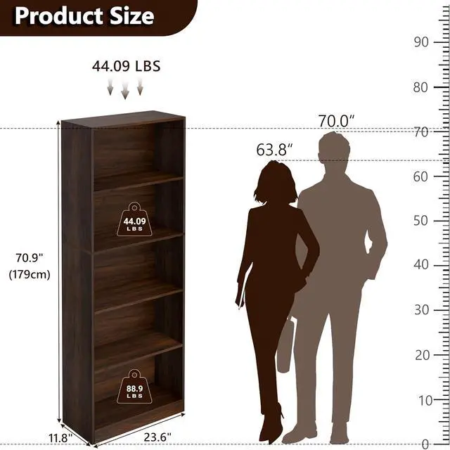 Alt view image 5 of 7 - 71" inch Tall 5-Tier Book Shelf,Large Freestanding Bookshelf for Home Office and Professional Workspace,Living Room,Bedroom and Dining Room,Walnut (5-Tier,Dark Walnut,Side-Panel Separated)