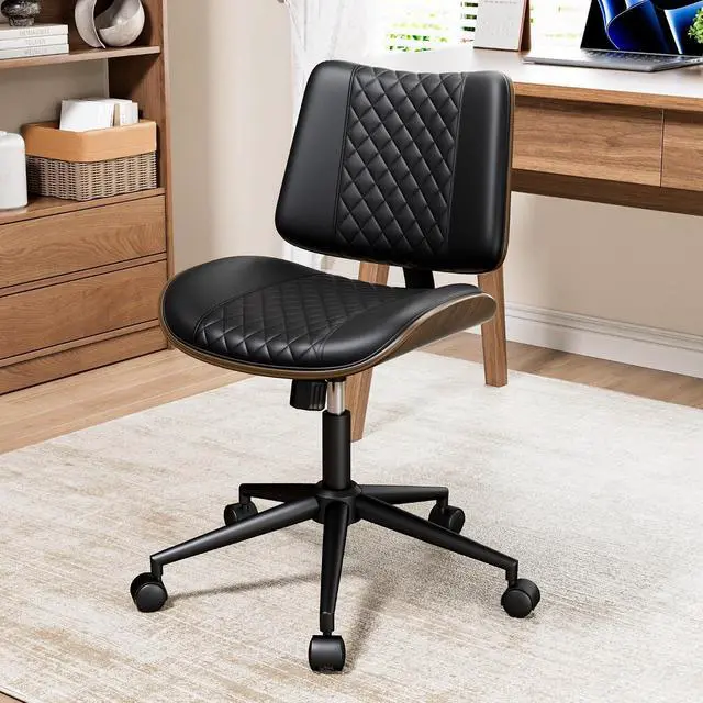 Alt view image 2 of 7 - Home Armless Office Chair Set of 2, Modern Walnut Desk Chair with Wheels, Adjustable Swivel Rolling Task Chair with Curved Back for Reading,Meeting Room, Black