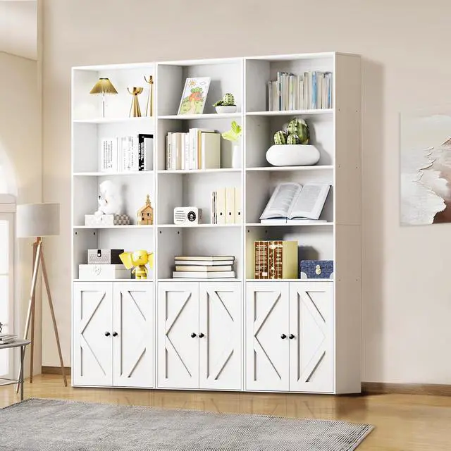 Alt view image 6 of 7 - Bookshelf, 6-Tier Floor Bookcase with 2 Bottom Doors, 9.29"x23.62"x70.86", Storage Cabinet Bookshelves for Home Office, Living Room, Bedroom-White