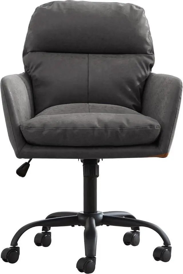 Main image of Adjustable Home Office Desk Chair with Comfy Square Mid-Back, Faux Leather 360 Swivel Upholstered Task Armchair with Wheels for Vanity Bedroom/Living Room,Study Gray