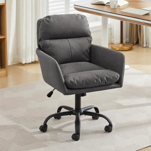 Alt view image 2 of 7 - Adjustable Home Office Desk Chair with Comfy Square Mid-Back, Faux Leather 360 Swivel Upholstered Task Armchair with Wheels for Vanity Bedroom/Living Room,Study Gray