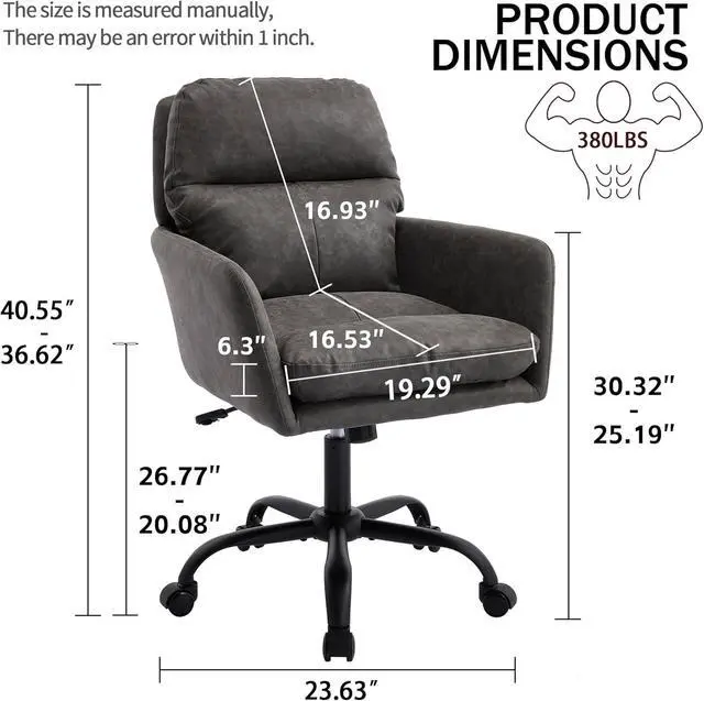 Alt view image 3 of 7 - Adjustable Home Office Desk Chair with Comfy Square Mid-Back, Faux Leather 360 Swivel Upholstered Task Armchair with Wheels for Vanity Bedroom/Living Room,Study Gray