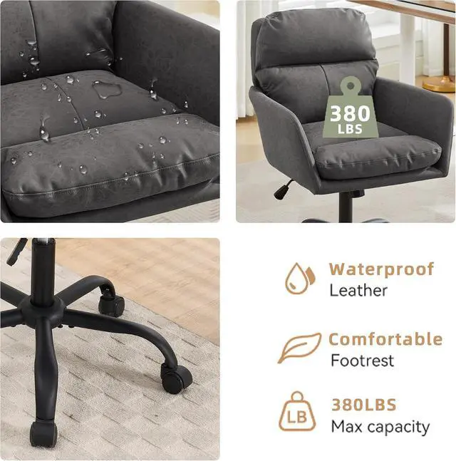 Alt view image 4 of 7 - Adjustable Home Office Desk Chair with Comfy Square Mid-Back, Faux Leather 360 Swivel Upholstered Task Armchair with Wheels for Vanity Bedroom/Living Room,Study Gray