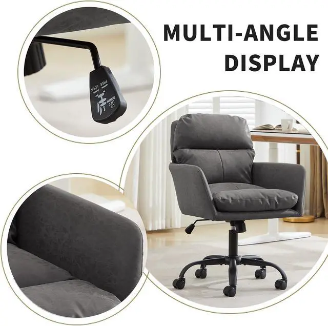 Alt view image 5 of 7 - Adjustable Home Office Desk Chair with Comfy Square Mid-Back, Faux Leather 360 Swivel Upholstered Task Armchair with Wheels for Vanity Bedroom/Living Room,Study Gray