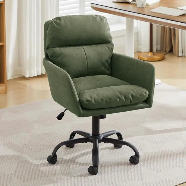 Alt view image 2 of 7 - Adjustable Home Office Desk Chair with Comfy Square Mid-Back, Faux Leather 360,Study Green
