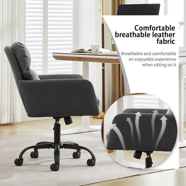Alt view image 6 of 7 - Adjustable Home Office Desk Chair with Comfy Square Mid-Back, Faux Leather 360 Swivel Upholstered Task Armchair with Wheels for Vanity Bedroom/Living Room,Study Gray