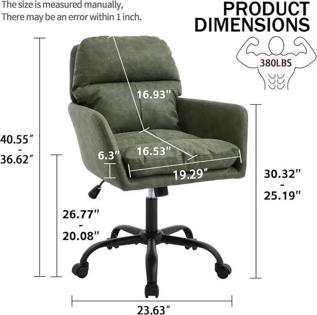 Alt view image 3 of 7 - Adjustable Home Office Desk Chair with Comfy Square Mid-Back, Faux Leather 360,Study Green