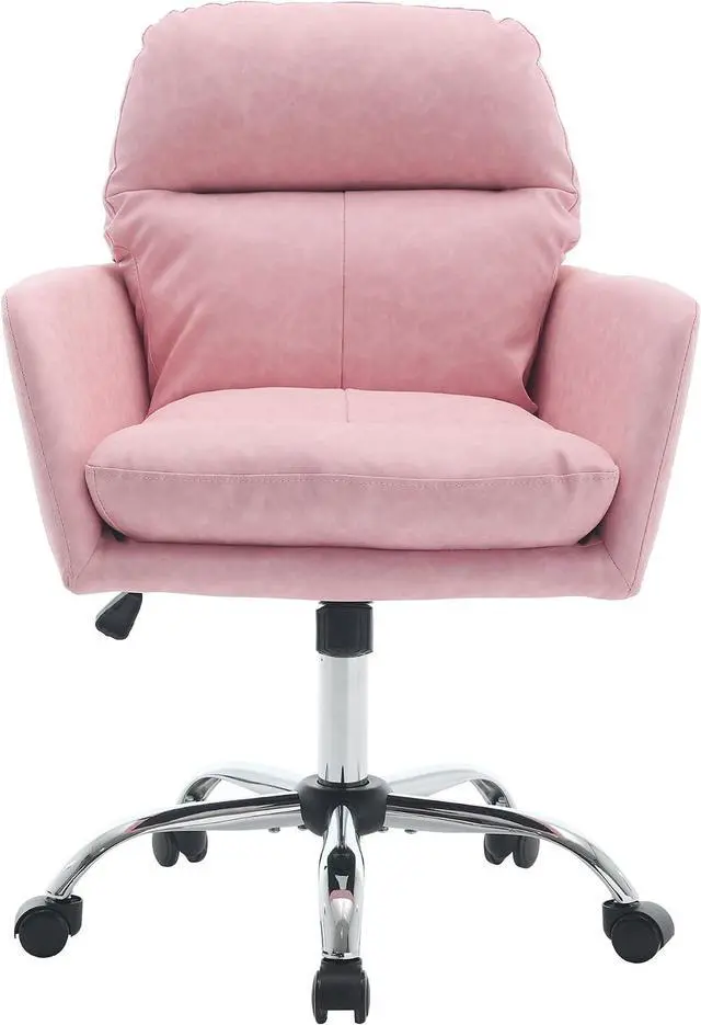 Main image of Adjustable Home Office Desk Chair with Comfy Square Mid-Back, Faux Leather 360 Swivel Upholstered Task Armchair with Wheels for Vanity Bedroom/Living Room,Pink