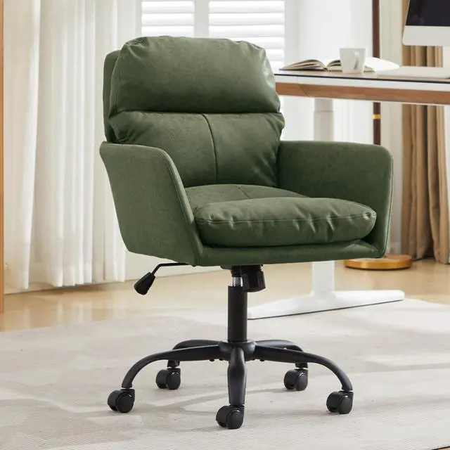 Alt view image 6 of 7 - Adjustable Home Office Desk Chair with Comfy Square Mid-Back, Faux Leather 360,Study Green