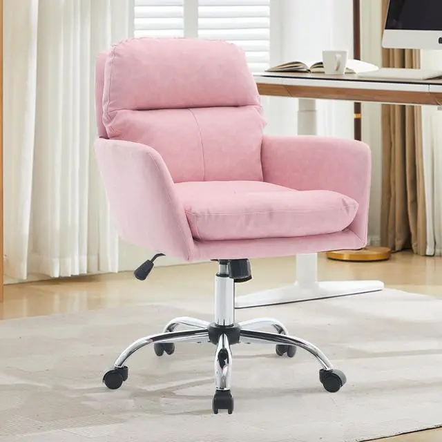 Alt view image 2 of 7 - Adjustable Home Office Desk Chair with Comfy Square Mid-Back, Faux Leather 360 Swivel Upholstered Task Armchair with Wheels for Vanity Bedroom/Living Room,Pink