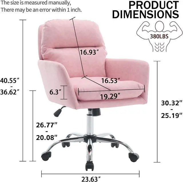 Alt view image 3 of 7 - Adjustable Home Office Desk Chair with Comfy Square Mid-Back, Faux Leather 360 Swivel Upholstered Task Armchair with Wheels for Vanity Bedroom/Living Room,Pink