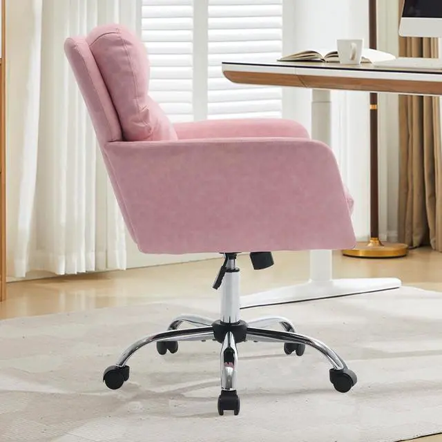 Alt view image 4 of 7 - Adjustable Home Office Desk Chair with Comfy Square Mid-Back, Faux Leather 360 Swivel Upholstered Task Armchair with Wheels for Vanity Bedroom/Living Room,Pink