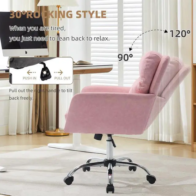 Alt view image 6 of 7 - Adjustable Home Office Desk Chair with Comfy Square Mid-Back, Faux Leather 360 Swivel Upholstered Task Armchair with Wheels for Vanity Bedroom/Living Room,Pink