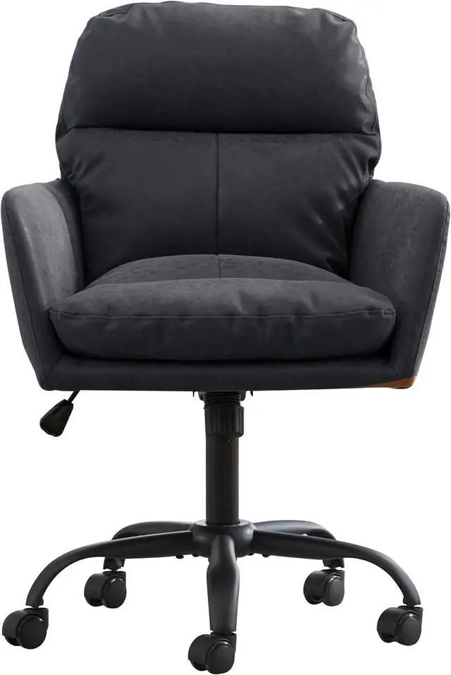 Main image of Adjustable Home Office Desk Chair with Comfy Square Mid-Back, Faux Leather 360 Swivel Upholstered Task Armchair with Wheels for Vanity Bedroom/Living Room,Study Black