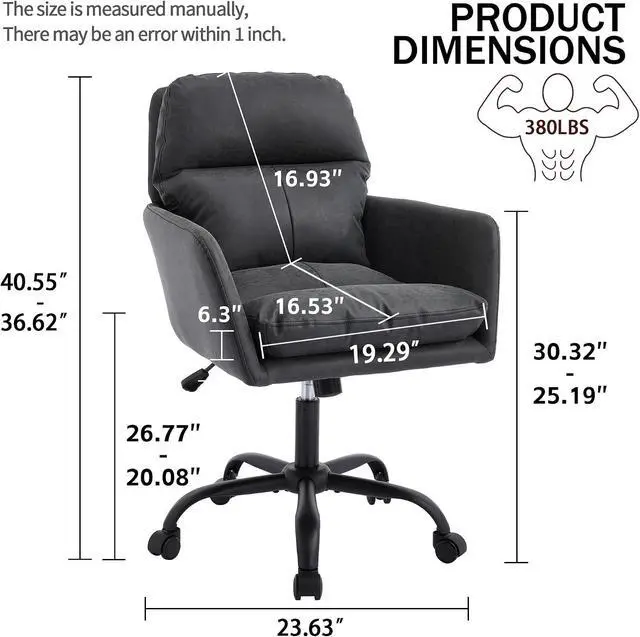 Alt view image 3 of 7 - Adjustable Home Office Desk Chair with Comfy Square Mid-Back, Faux Leather 360 Swivel Upholstered Task Armchair with Wheels for Vanity Bedroom/Living Room,Study Black