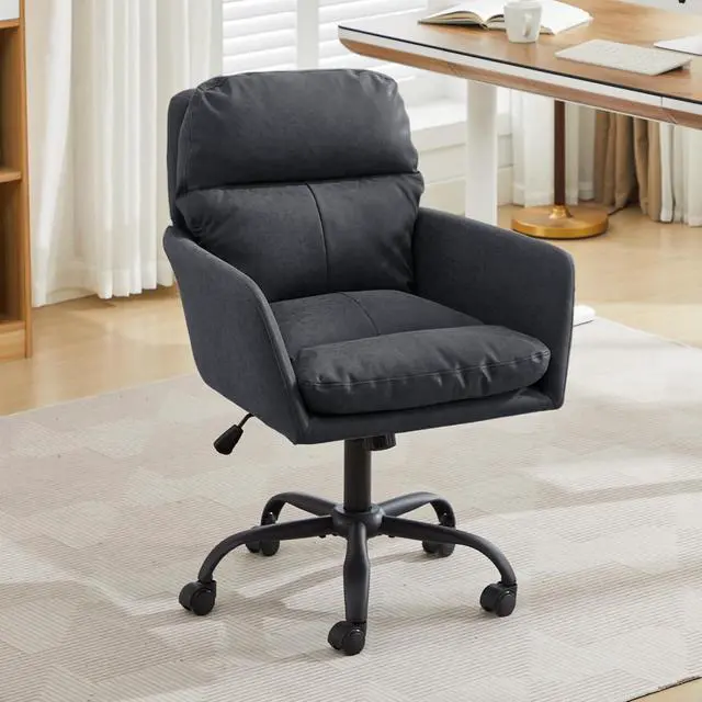 Alt view image 2 of 7 - Adjustable Home Office Desk Chair with Comfy Square Mid-Back, Faux Leather 360 Swivel Upholstered Task Armchair with Wheels for Vanity Bedroom/Living Room,Study Black