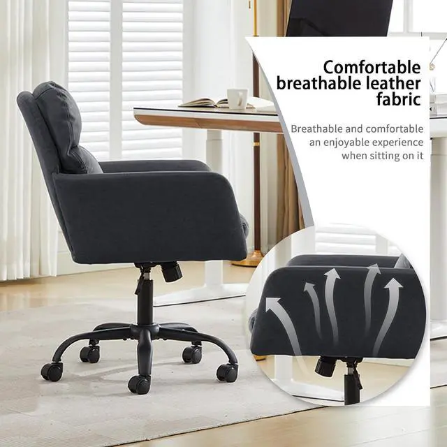 Alt view image 5 of 7 - Adjustable Home Office Desk Chair with Comfy Square Mid-Back, Faux Leather 360 Swivel Upholstered Task Armchair with Wheels for Vanity Bedroom/Living Room,Study Black