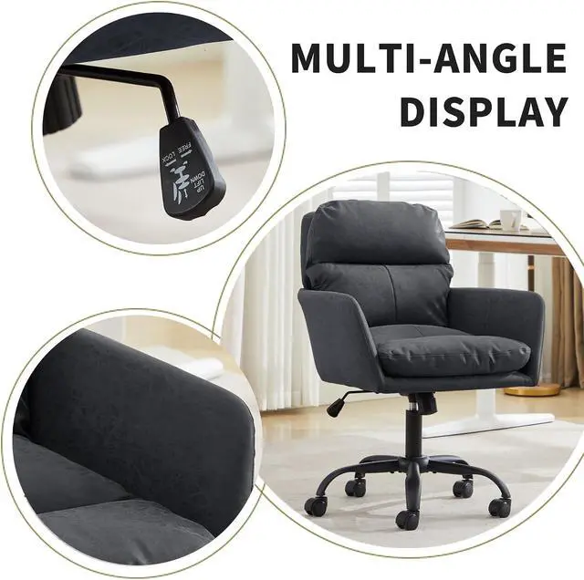 Alt view image 4 of 7 - Adjustable Home Office Desk Chair with Comfy Square Mid-Back, Faux Leather 360 Swivel Upholstered Task Armchair with Wheels for Vanity Bedroom/Living Room,Study Black