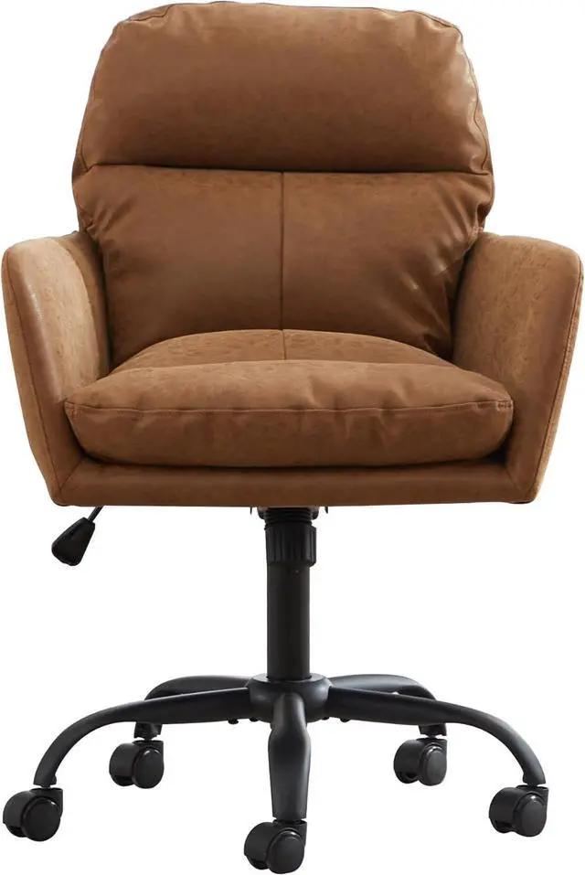 Main image of Adjustable Home Office Desk Chair with Comfy Square Mid-Back, Faux Leather 360 Swivel Upholstered Task Armchair with Wheels for Vanity Bedroom/Living Room,Study Brown