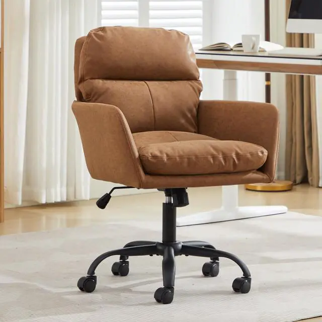 Alt view image 2 of 7 - Adjustable Home Office Desk Chair with Comfy Square Mid-Back, Faux Leather 360 Swivel Upholstered Task Armchair with Wheels for Vanity Bedroom/Living Room,Study Brown
