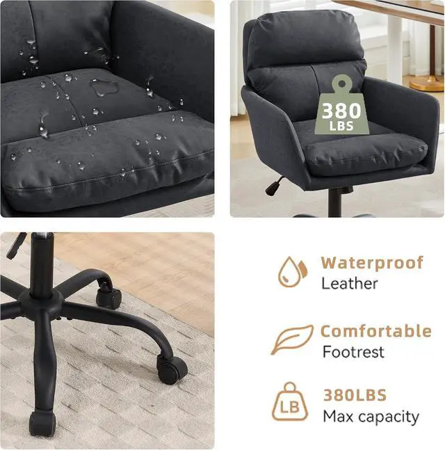 Alt view image 6 of 7 - Adjustable Home Office Desk Chair with Comfy Square Mid-Back, Faux Leather 360 Swivel Upholstered Task Armchair with Wheels for Vanity Bedroom/Living Room,Study Black