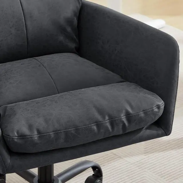 Alt view image 7 of 7 - Adjustable Home Office Desk Chair with Comfy Square Mid-Back, Faux Leather 360 Swivel Upholstered Task Armchair with Wheels for Vanity Bedroom/Living Room,Study Black
