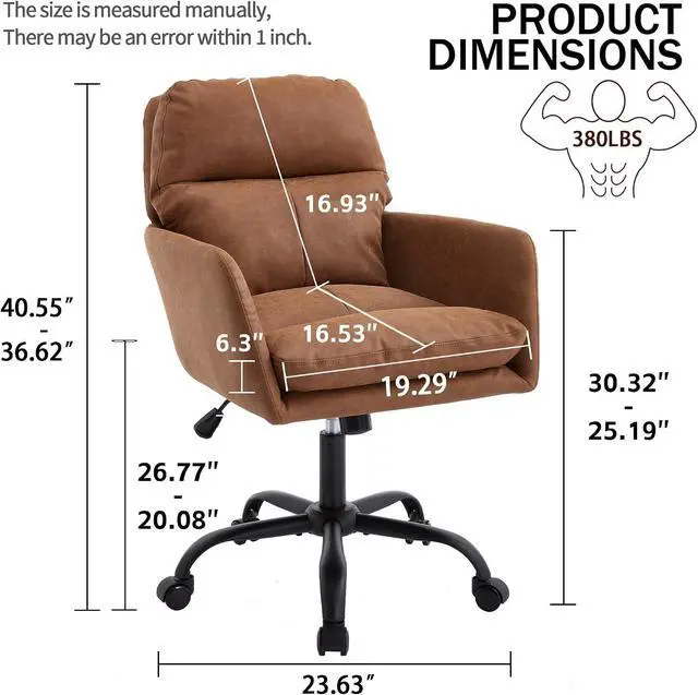 Alt view image 3 of 7 - Adjustable Home Office Desk Chair with Comfy Square Mid-Back, Faux Leather 360 Swivel Upholstered Task Armchair with Wheels for Vanity Bedroom/Living Room,Study Brown