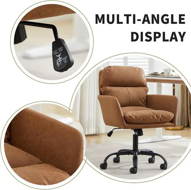 Alt view image 4 of 7 - Adjustable Home Office Desk Chair with Comfy Square Mid-Back, Faux Leather 360 Swivel Upholstered Task Armchair with Wheels for Vanity Bedroom/Living Room,Study Brown