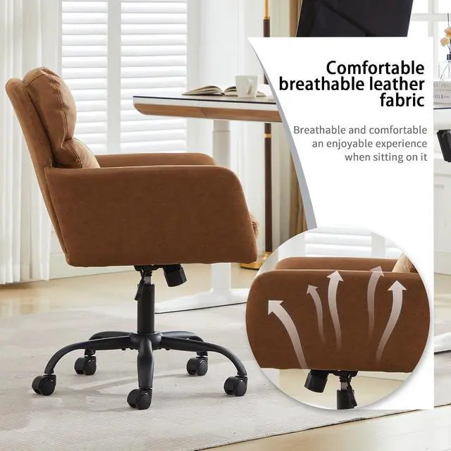 Alt view image 5 of 7 - Adjustable Home Office Desk Chair with Comfy Square Mid-Back, Faux Leather 360 Swivel Upholstered Task Armchair with Wheels for Vanity Bedroom/Living Room,Study Brown