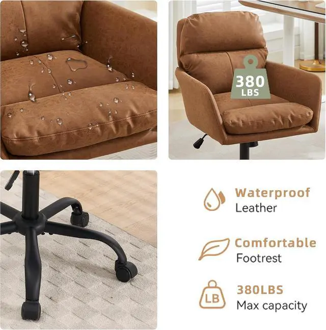 Alt view image 6 of 7 - Adjustable Home Office Desk Chair with Comfy Square Mid-Back, Faux Leather 360 Swivel Upholstered Task Armchair with Wheels for Vanity Bedroom/Living Room,Study Brown