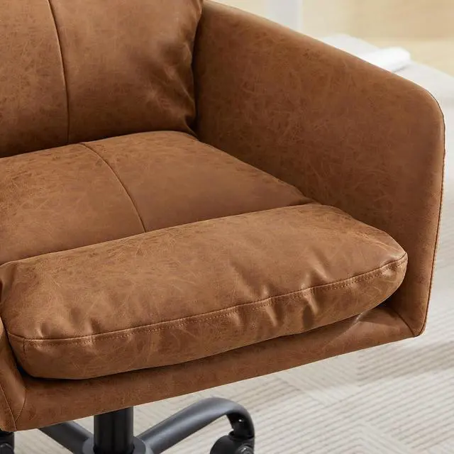 Alt view image 7 of 7 - Adjustable Home Office Desk Chair with Comfy Square Mid-Back, Faux Leather 360 Swivel Upholstered Task Armchair with Wheels for Vanity Bedroom/Living Room,Study Brown