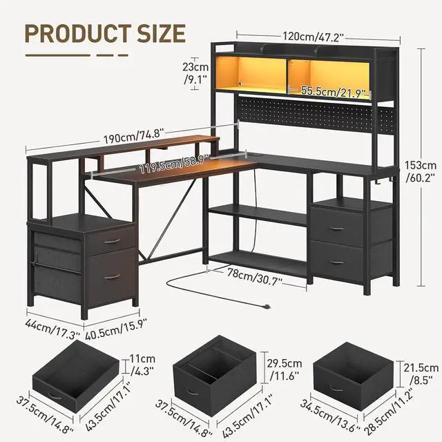 Alt view image 2 of 7 - 75" L Shaped Gaming Desk with Drawers, Computer Corner Desk with Storage Shelves for Home Office, Gaming Desk with Monitor Stand, Hutch, LED Light & Power Outlet, Black