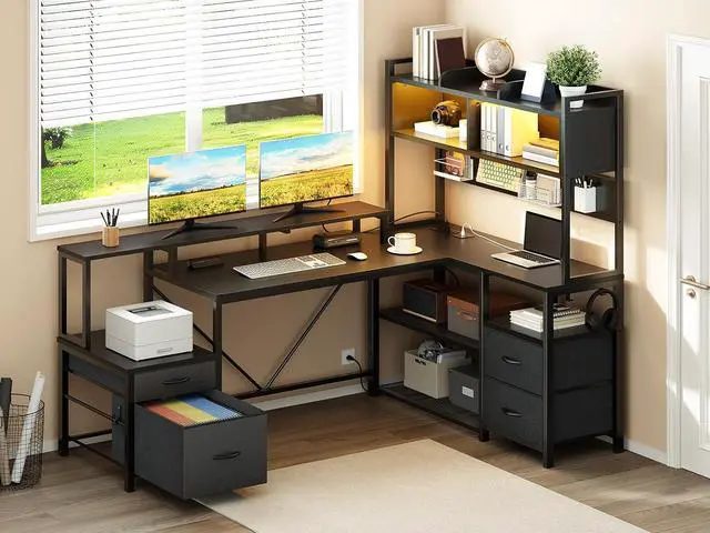 Alt view image 3 of 7 - 75" L Shaped Gaming Desk with Drawers, Computer Corner Desk with Storage Shelves for Home Office, Gaming Desk with Monitor Stand, Hutch, LED Light & Power Outlet, Black