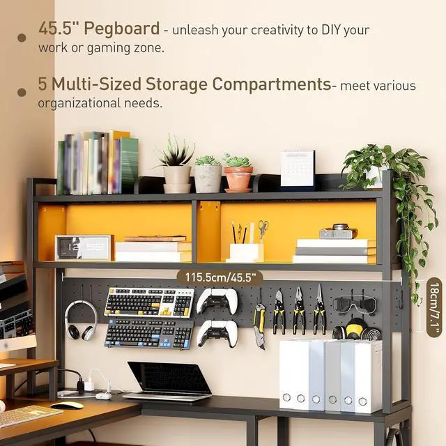 Alt view image 4 of 7 - 75" L Shaped Gaming Desk with Drawers, Computer Corner Desk with Storage Shelves for Home Office, Gaming Desk with Monitor Stand, Hutch, LED Light & Power Outlet, Black