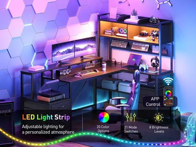 Alt view image 7 of 7 - 75" L Shaped Gaming Desk with Drawers, Computer Corner Desk with Storage Shelves for Home Office, Gaming Desk with Monitor Stand, Hutch, LED Light & Power Outlet, Black